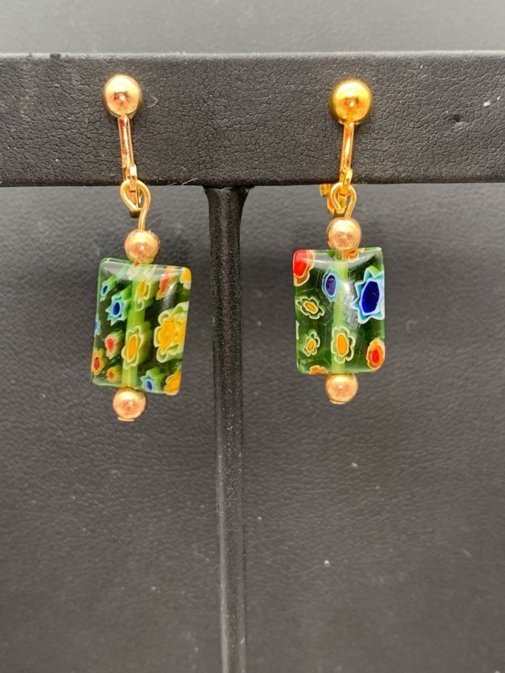 Gold-Tone Green Millefiori Glass Drop clip on Earrings